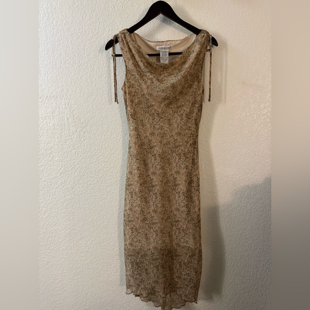2000s rare Jonathan Martin beige floral cowl neck midi dress silk small
